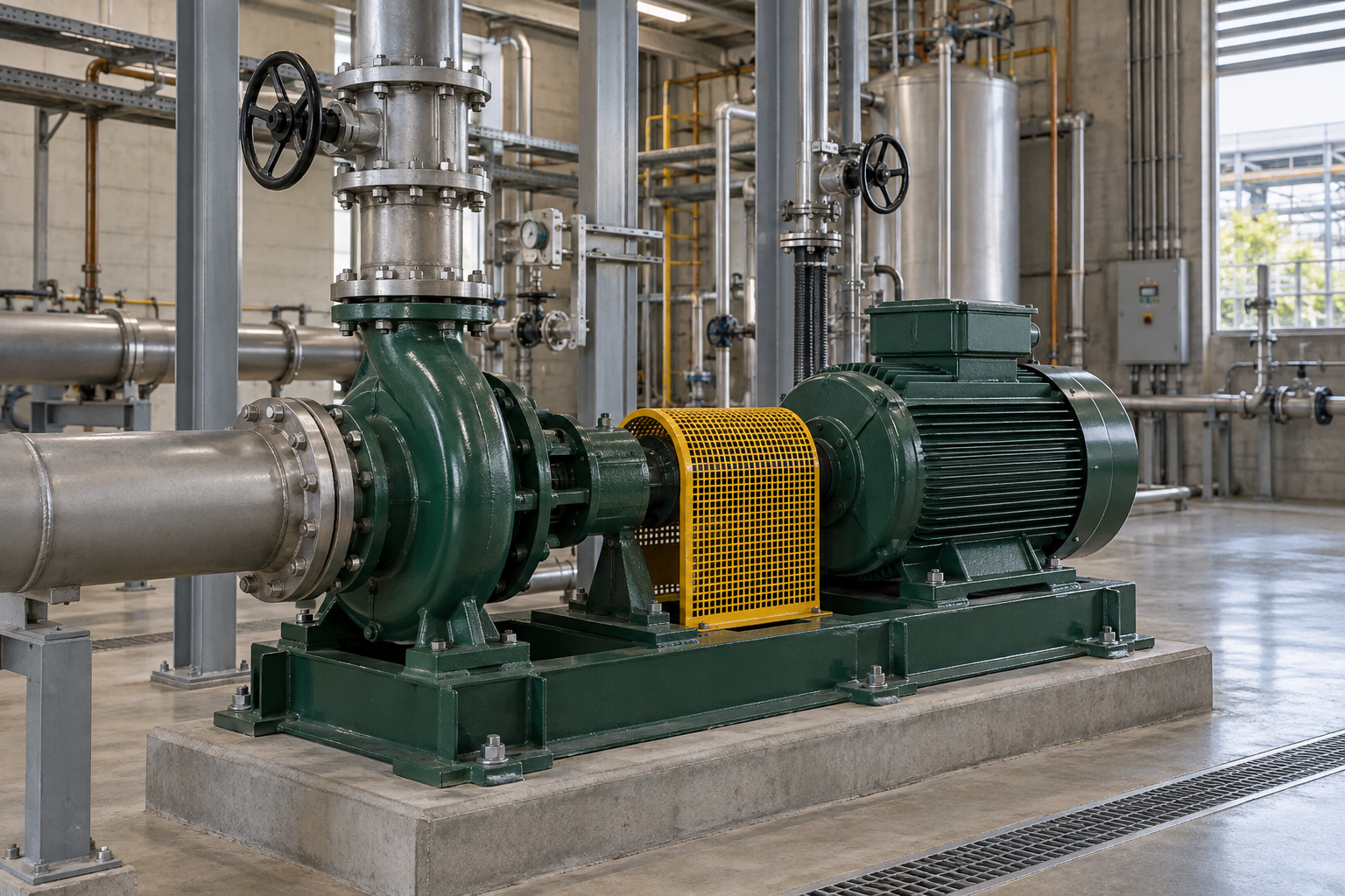 Conjunto ilustrativo de bomba e motor com tubulações em instalação industrial