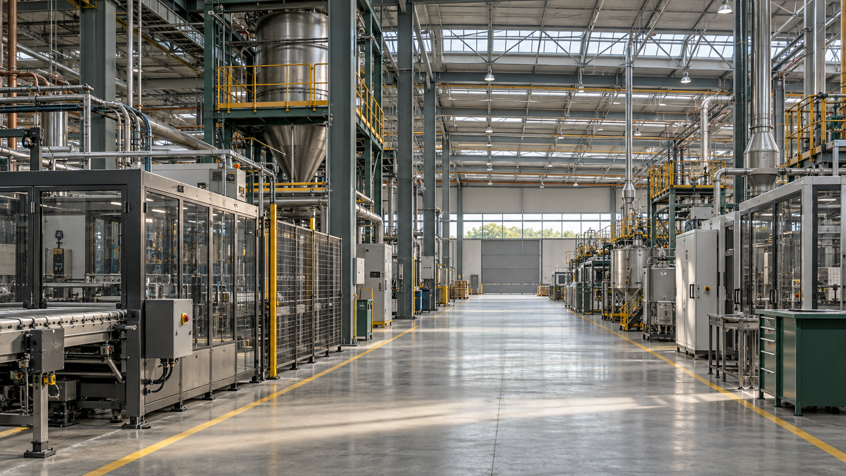 Ambiente industrial ilustrativo com linhas de produção, máquinas e infraestrutura integradas